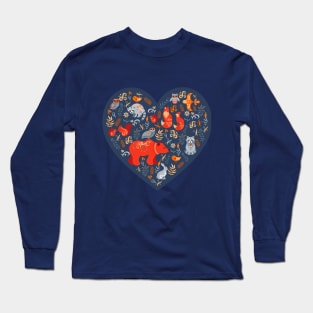 Forest animals and birds on the background of the heart. Long Sleeve T-Shirt